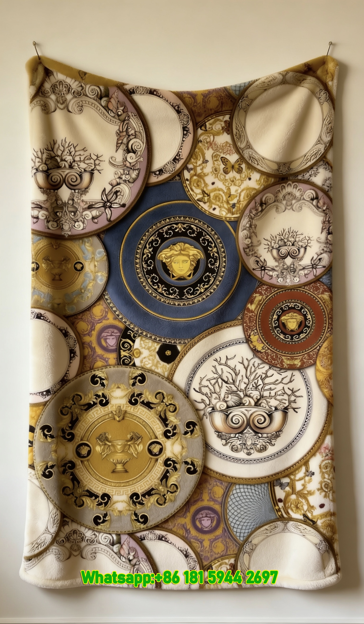 Versace Multicolor Gold and Blue Plate Medallion Print Flannel Throw Blanket IMG_1499